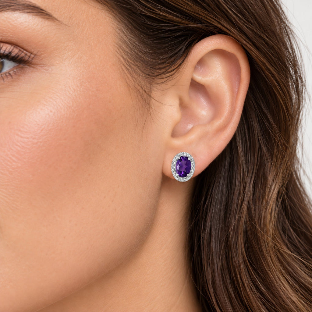 Oval Lab Amethyst & Lab Diamond Halo Stud Earrings 14K White Gold 0.92ct, close-up model view