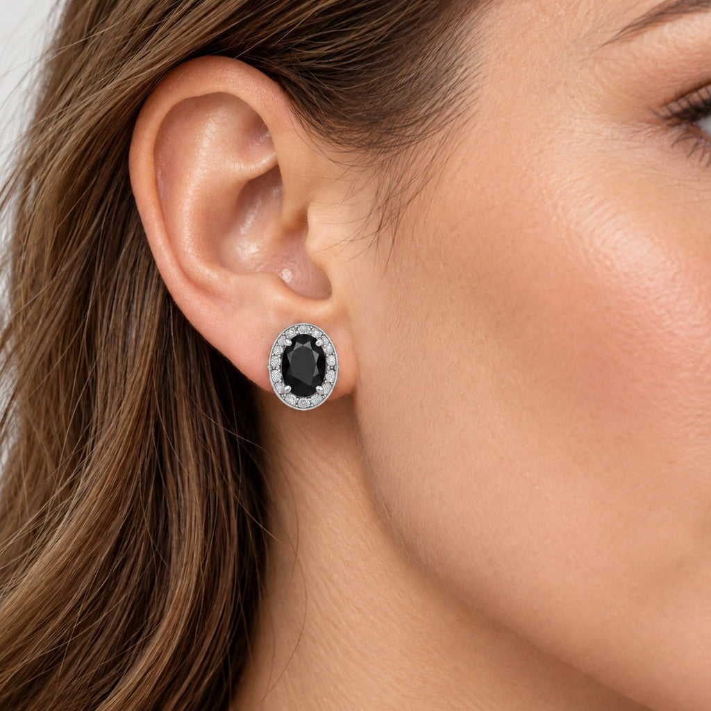 Oval Lab Black Onyx & Lab Diamond Halo Stud Earrings 14K White Gold 1.20ct, close-up model view