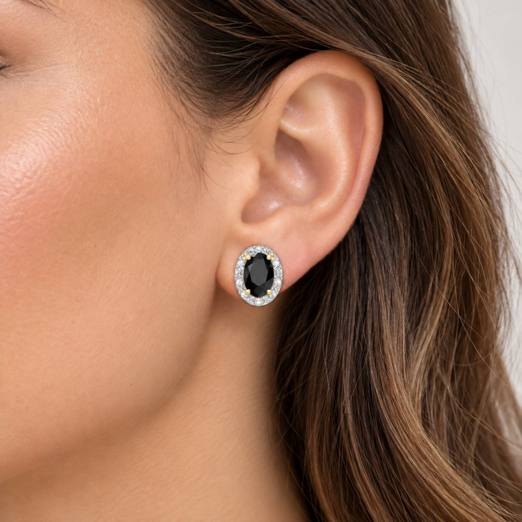Oval Lab Black Onyx & Lab Diamond Halo Stud Earrings 14K Yellow Gold 1.20ct, close-up model view