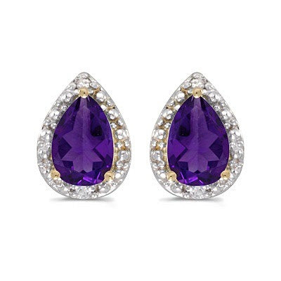 Pear Amethyst and Diamond Stud Earrings 14k Yellow Gold (1.32ct)