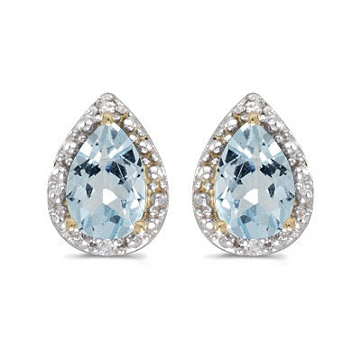Pear Aquamarine and Diamond Stud Earrings 14k Yellow Gold (1.22ct)