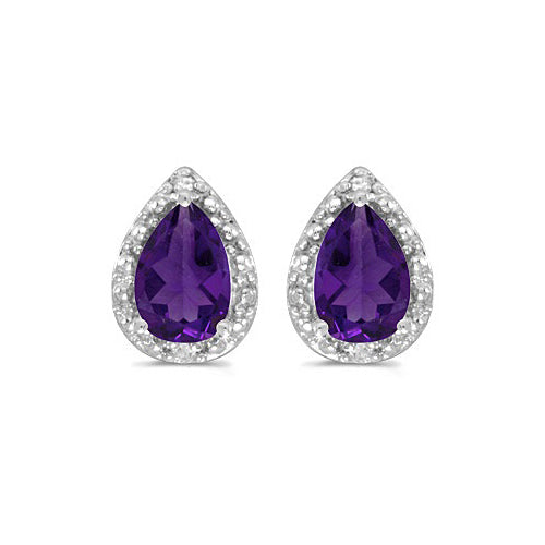 Pear Amethyst and Diamond Stud Earrings 14k White Gold (1.32ct)