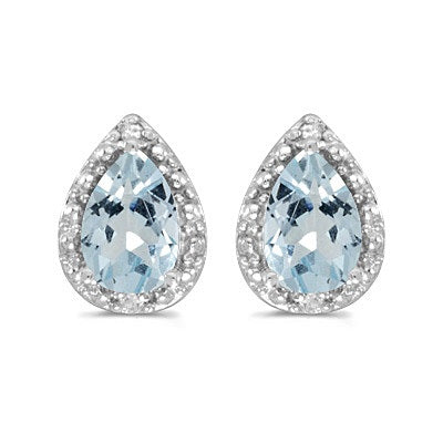 Pear Aquamarine and Diamond Stud Earrings 14k White Gold (1.22ct)