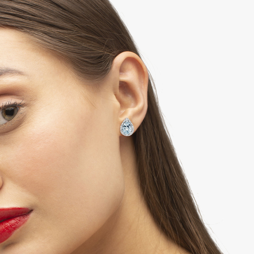 Pear Aquamarine and Diamond Stud Earrings 14k White Gold (1.22ct)