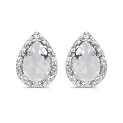 Pear White Topaz and Diamond Stud Earrings 14k White Gold (1.72ct)