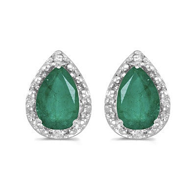 Pear Emerald and Diamond Stud Earrings 14k White Gold (1.42ct)