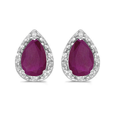 Pear Ruby and Diamond Stud Earrings 14k White Gold (1.52ct)