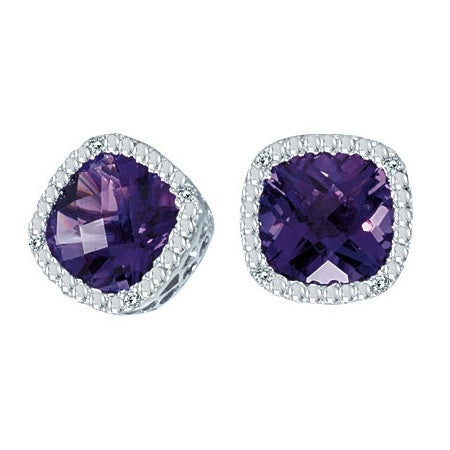 Cushion-Cut Amethyst and Diamond Earrings in 14k White Gold