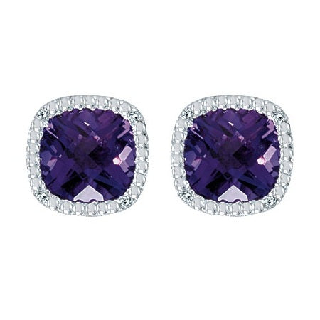 Cushion-Cut Amethyst and Diamond Earrings in 14k White Gold
