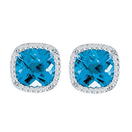 Cushion-Cut Blue Topaz and Diamond Earrings in 14k White Gold