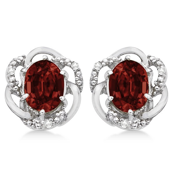 Oval Shaped Red Garnet & Diamond Earrings in 14K White Gold (3.05ct)