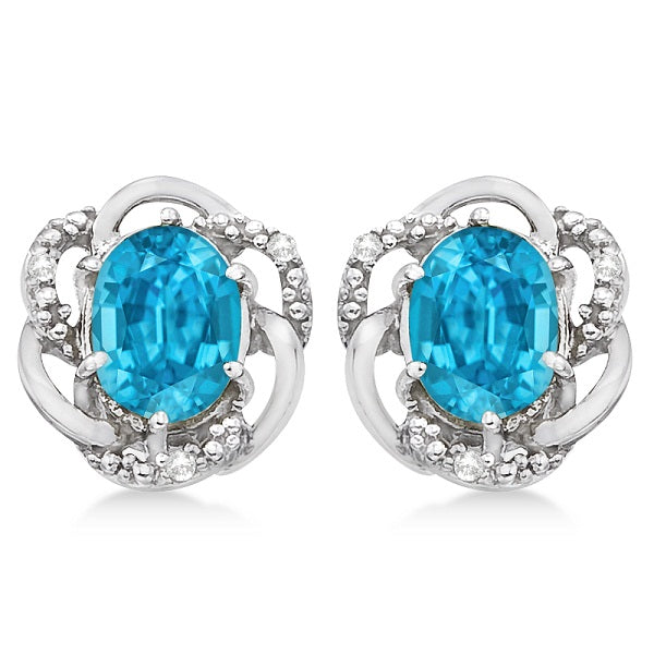 Oval Shaped Blue Topaz & Diamond Earrings in 14K White Gold (3.05ct)
