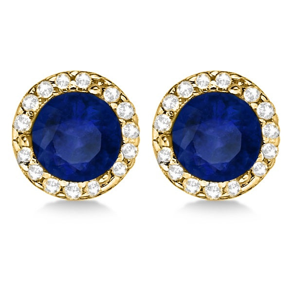 Diamond and Blue Sapphire Earrings Halo 14K Yellow Gold (1.15tcw)
