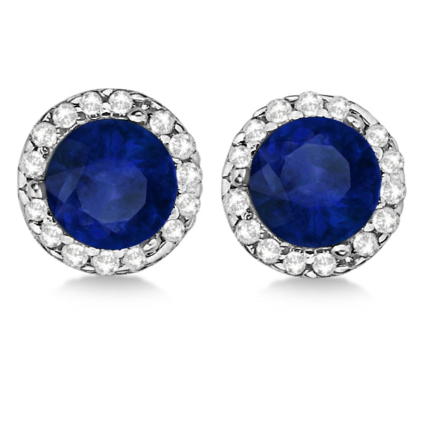 Lab Grown Diamond and Lab Blue Sapphire Earrings Halo 14K White Gold (1.15ct)