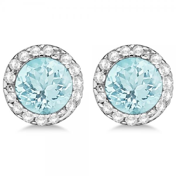 Lab Diamond and Lab Aquamarine Earrings Halo 14K White Gold (1.15ct)