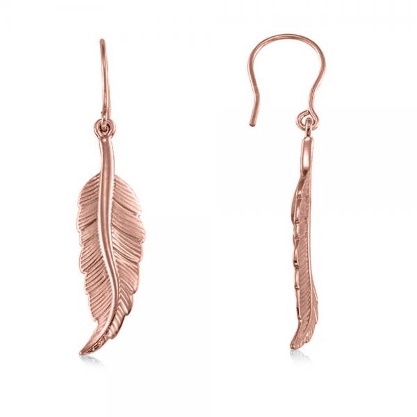 Dangling Feather Earrings in Plain Metal 14k Rose Gold