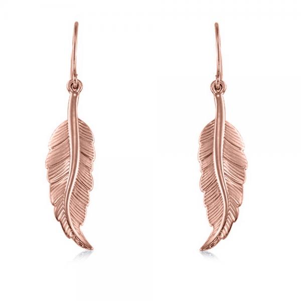 Dangling Feather Earrings in Plain Metal 14k Rose Gold
