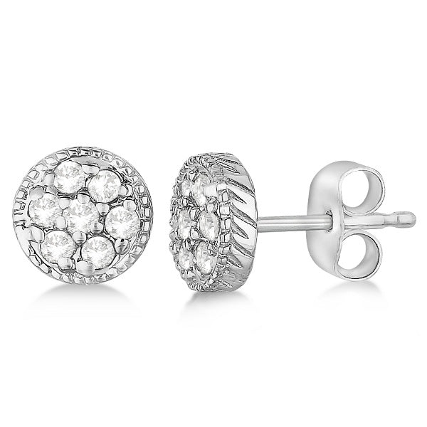 Antique Style Push Back Diamond Earrings Milgrain Edged 14k White Gold (0.30ct)