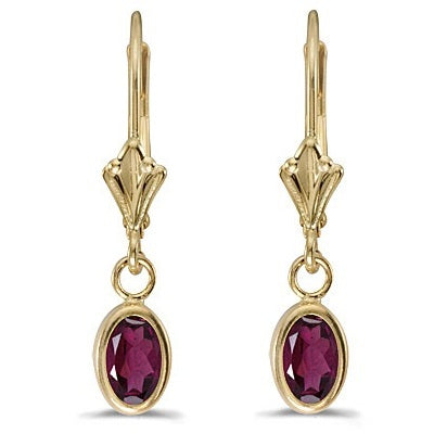 Oval Rhodolite Garnet Leverback Drop Earrings in 14K Yellow Gold (1.10ct)