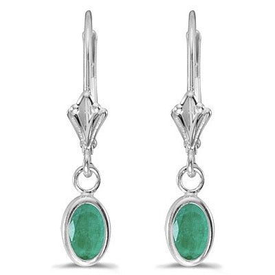 Oval Emerald Lever-back Drop Earrings in 14K White Gold (0.90ct)