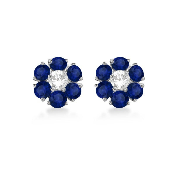 Diamond & Sapphire Flower Cluster Earrings 14K White Gold (1.91ctw)