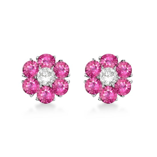 Pink Sapphire & Diamond Flower Cluster Earrings 14K W Gold (1.25ct)