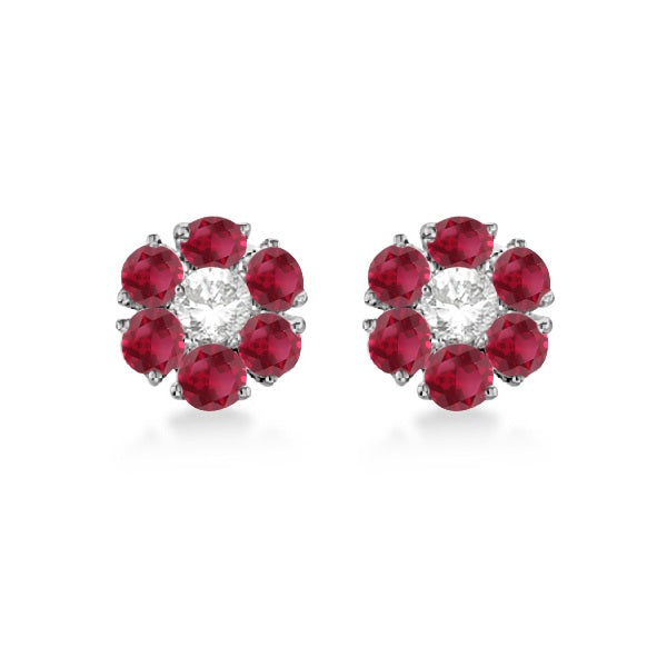 Diamond and Ruby Flower Cluster Earrings in 14K White Gold (1.67ctw)