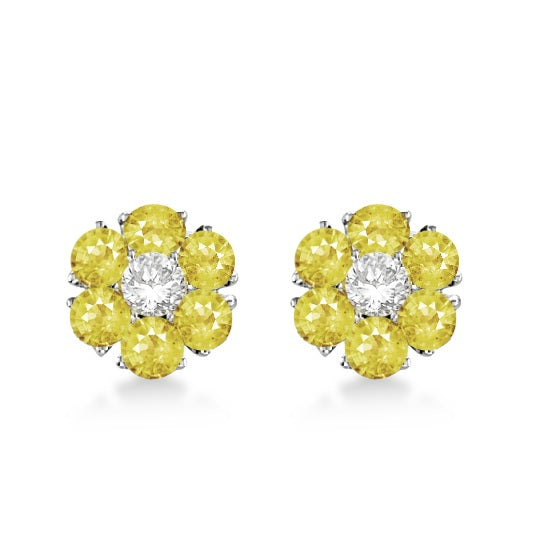 Yellow & White Diamond Flower Cluster Earrings 14K W Gold (1.20ct)