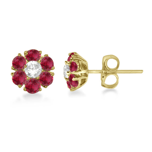 Diamond and Ruby Flower Cluster Earrings in 14K Yellow Gold (1.67ctw)