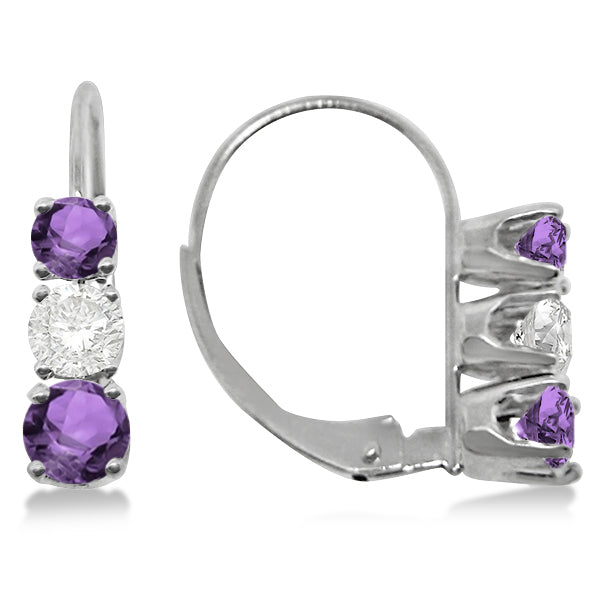 Three-Stone Leverback Diamond & Amethyst Earrings 14k White Gold (1.00ct)