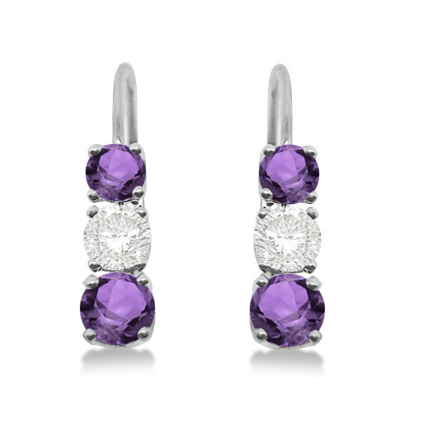 Three-Stone Leverback Diamond & Amethyst Earrings 14k White Gold (1.00ct)