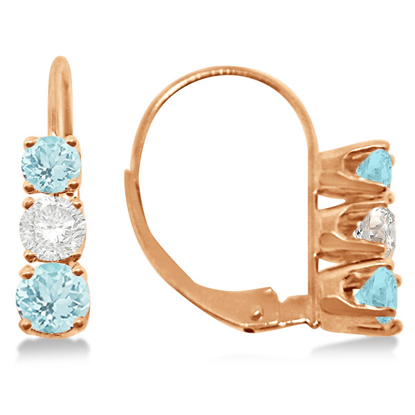 Three-Stone Leverback Diamond & Aquamarine Earrings 14k Rose Gold (1.00ct)