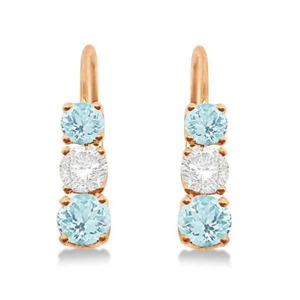 Three-Stone Leverback Diamond & Aquamarine Earrings 14k Rose Gold (1.00ct)