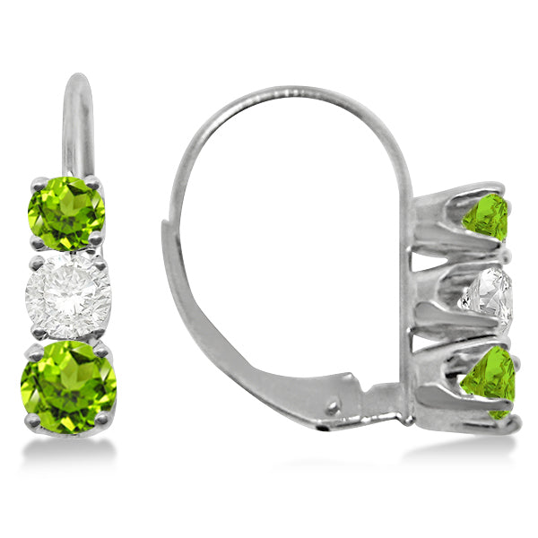 Three-Stone Leverback Diamond & Peridot Earrings 14k White Gold (1.00ct)