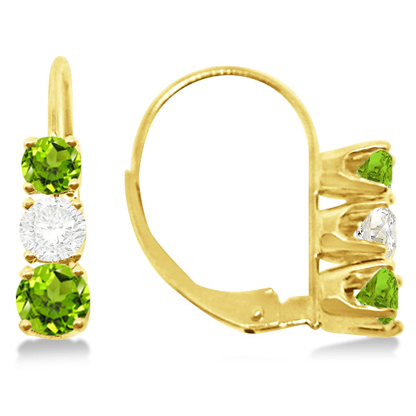 Three-Stone Leverback Diamond & Peridot Earrings 14k Yellow Gold (1.00ct)