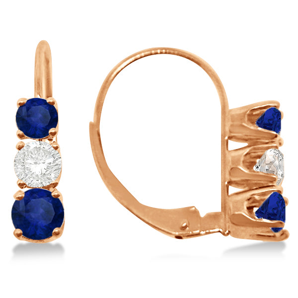 Three-Stone Leverback Diamond & Blue Sapphire Earrings 14k Rose Gold (2.00ct)