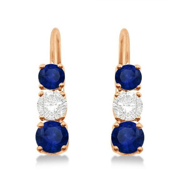 Three-Stone Leverback Diamond & Blue Sapphire Earrings 14k Rose Gold (2.00ct)