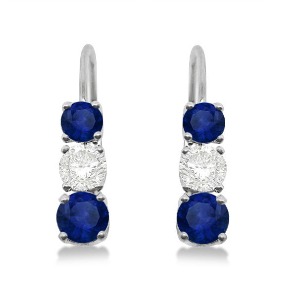 Three-Stone Leverback Diamond & Blue Sapphire Earrings 14k White Gold (2.00ct)