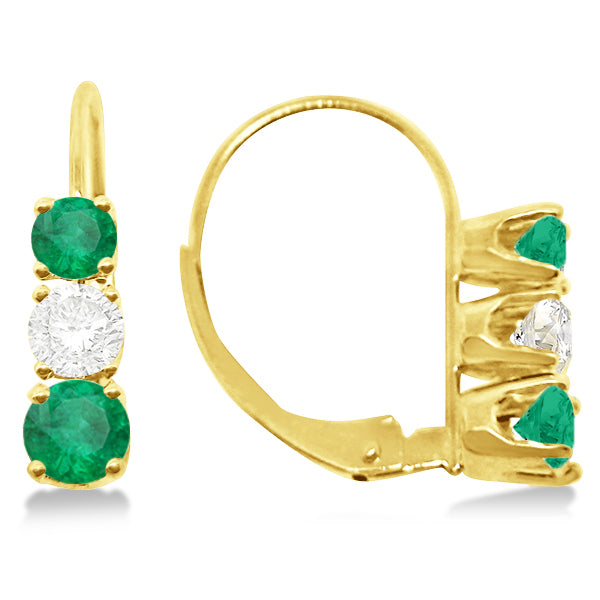 Three-Stone Leverback Diamond & Emerald Earrings 14k Yellow Gold (2.00ct)