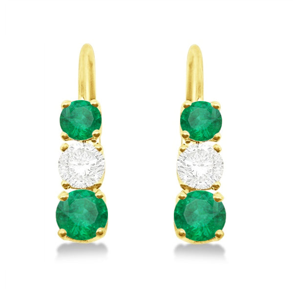 Three-Stone Leverback Diamond & Emerald Earrings 14k Yellow Gold (2.00ct)