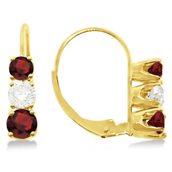 Three-Stone Leverback Diamond & Garnet Earrings 14k Yellow Gold (2.00ct)