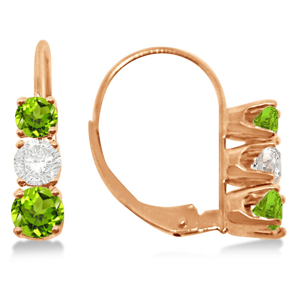 Three-Stone Leverback Diamond & Peridot Earrings 14k Rose Gold (2.00ct)