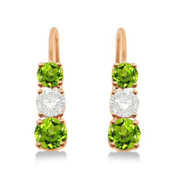 Three-Stone Leverback Diamond & Peridot Earrings 14k Rose Gold (2.00ct)