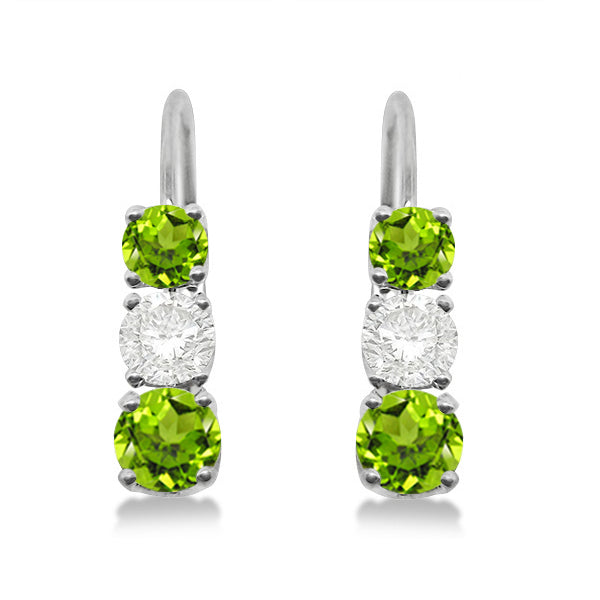 Three-Stone Leverback Diamond & Peridot Earrings 14k White Gold (2.00ct)