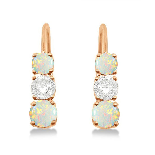Three-Stone Leverback Diamond & Opal Earrings 14k Rose Gold (3.00ct)