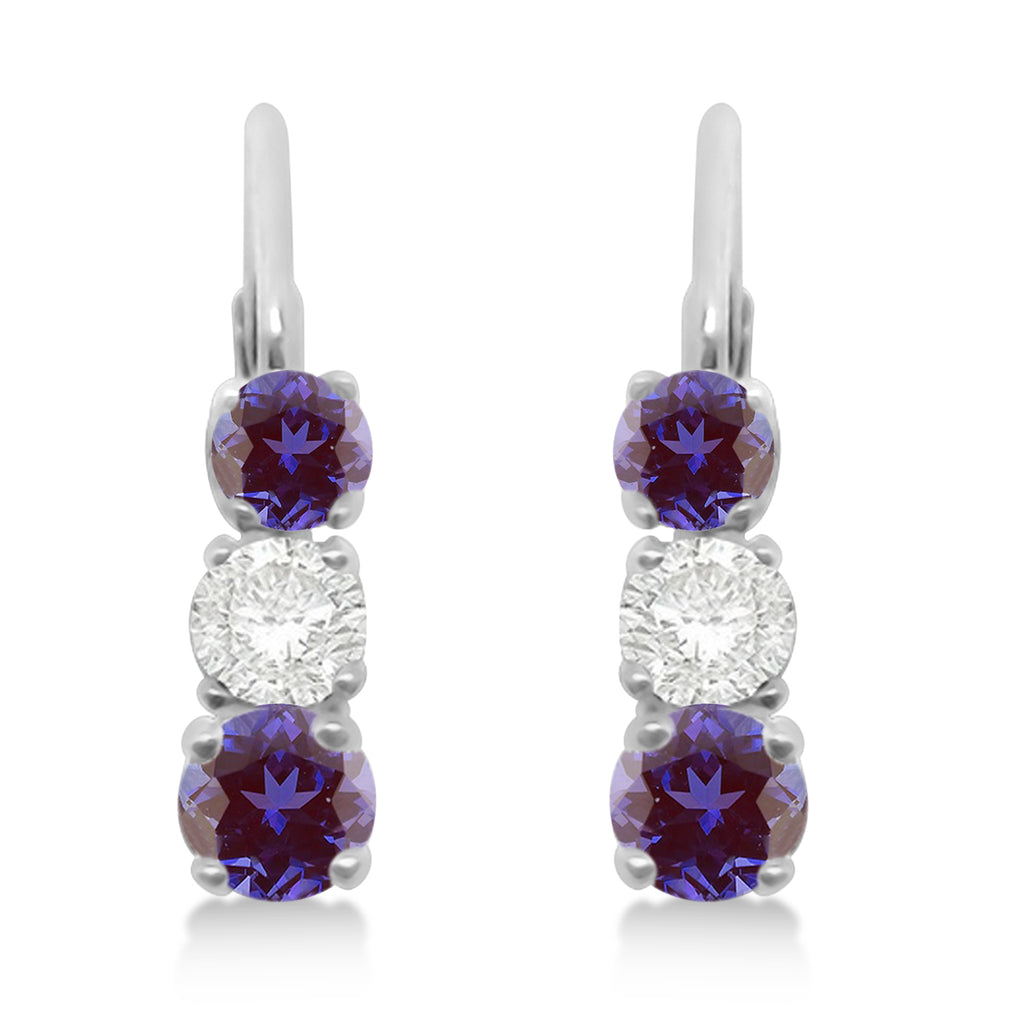 Three-Stone Leverback Lab Diamond & Lab Alexandrite Earrings 14k White Gold (0.50ct)