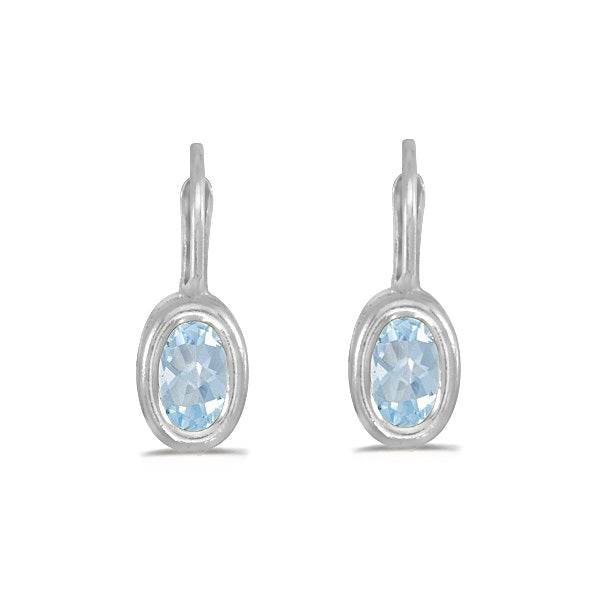 Bezel-Set Oval Aquamarine Lever-Back Earrings 14k White Gold (0.80ct)