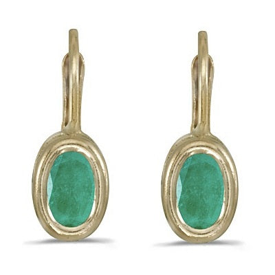 Bezel-Set Oval Emerald Lever-Back Earrings 14k Yellow Gold