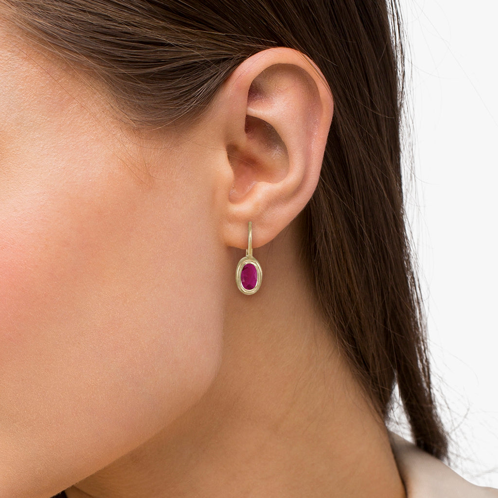 Bezel-Set Oval Ruby Lever-Back Earrings 14k Yellow Gold