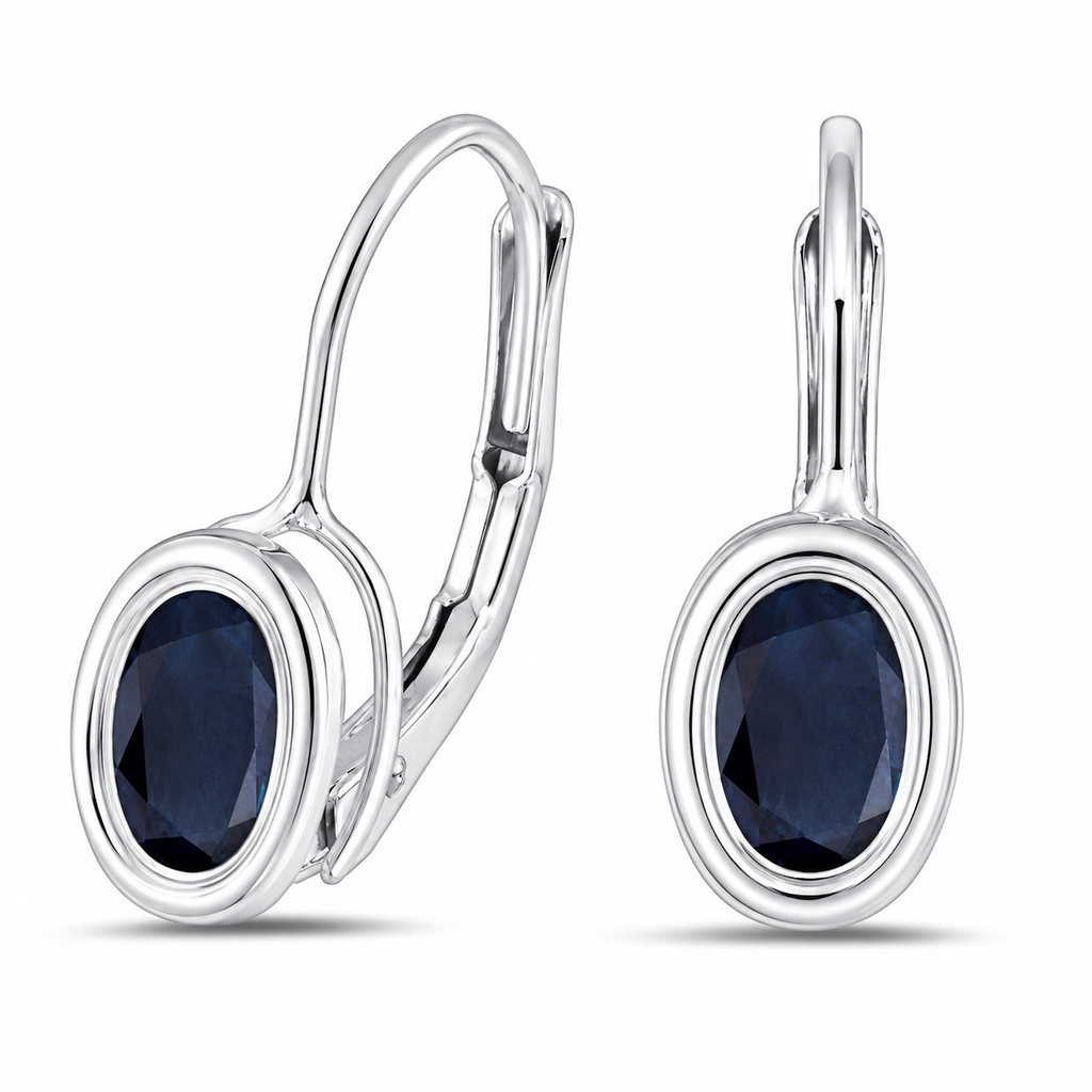 Bezel-Set Oval Blue Sapphire Lever-Back Earrings 14k White Gold
